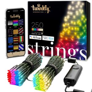 twinkly strings – app-controlled led christmas lights with 250 rgb+w (16 million colors + warm white) leds. 65.6 feet. green wire. indoor and outdoor smart lighting decoration