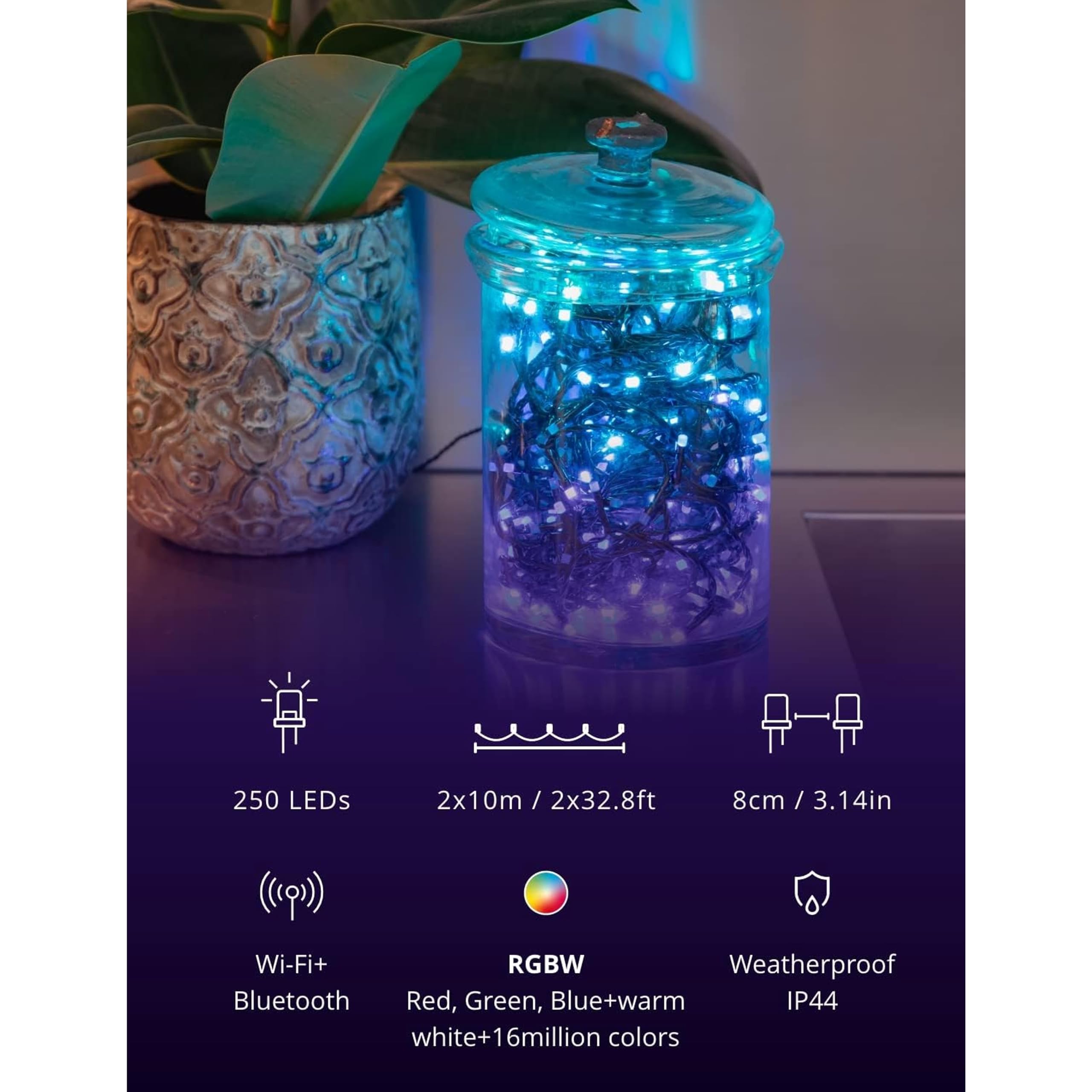 Twinkly Strings – App-Controlled LED Christmas Lights with 250 RGB+W (16 Million Colors + Warm White) LEDs. 65.6 feet. Green Wire. Indoor and Outdoor Smart Lighting Decoration