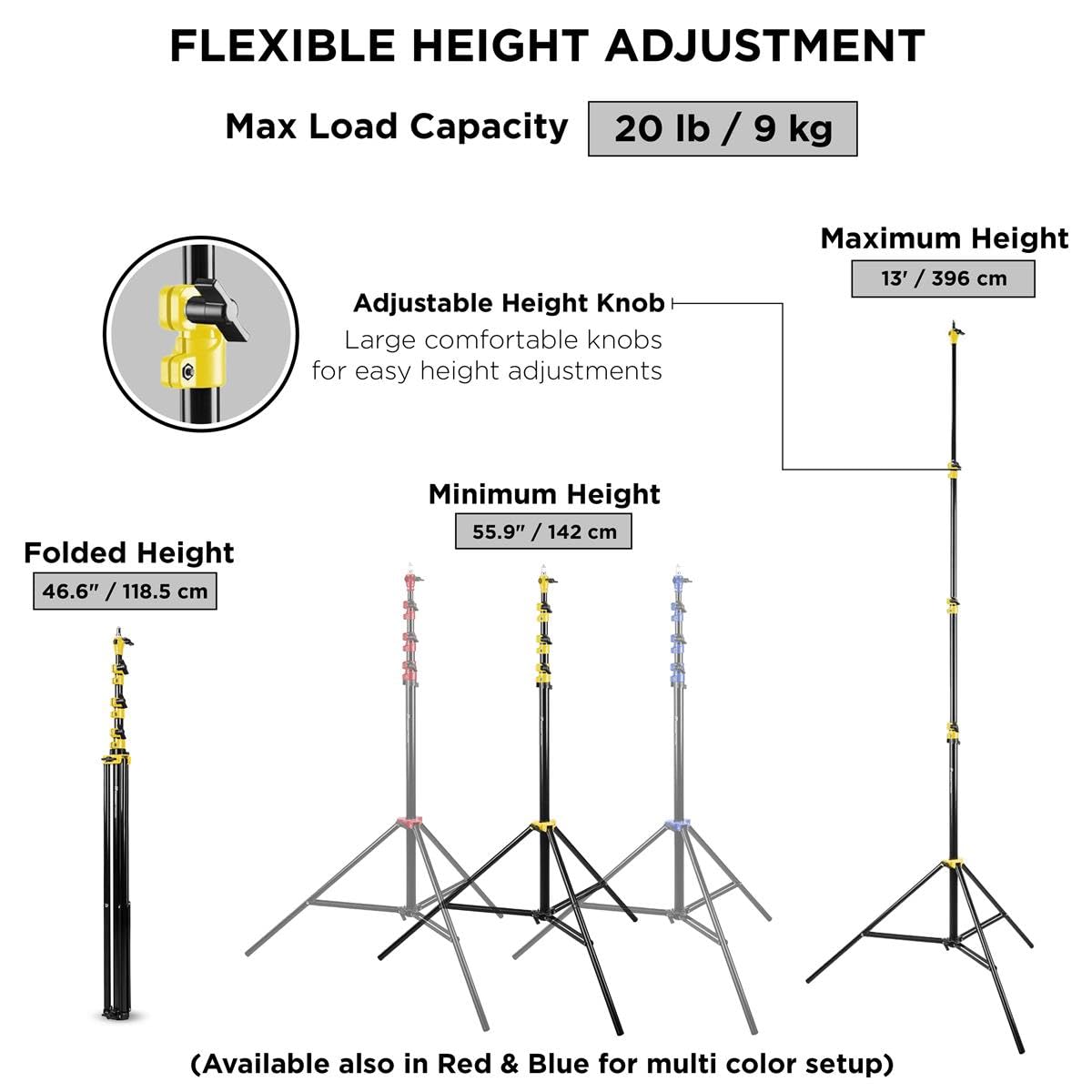 Flashpoint 13' Yellow Color Coded Pro Air Cushioned Heavy Duty Light Stand for Photography, Lightwight and Durable Portable Photography Light Stand Tripod is Suitable for Pro Photography