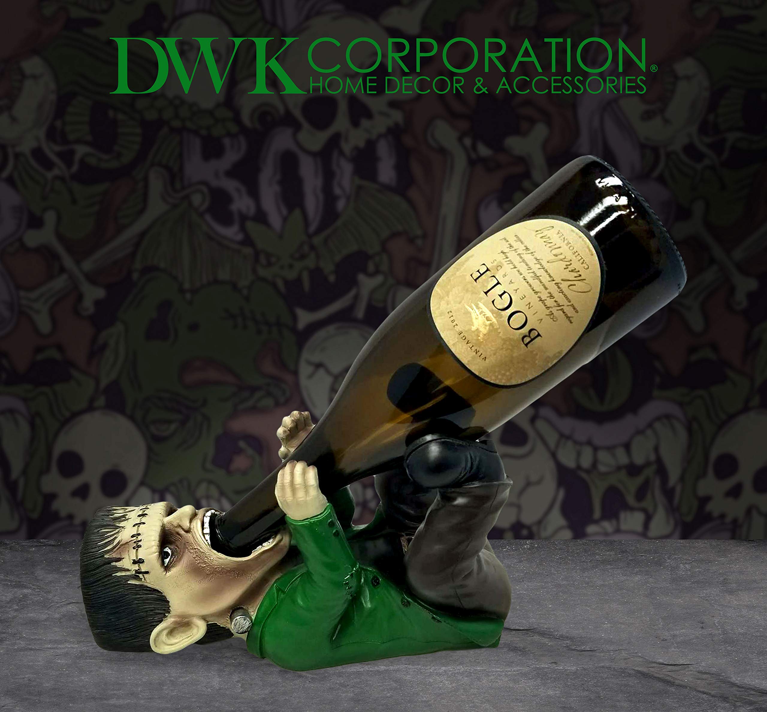 DWK Frankenstein Wine Bottle Holder | Countertop Rack Wine Holders | Horror Kitchen Wine Decorations Theme Sets | Cute Goth and Cool Mom Gifts - 10.5"