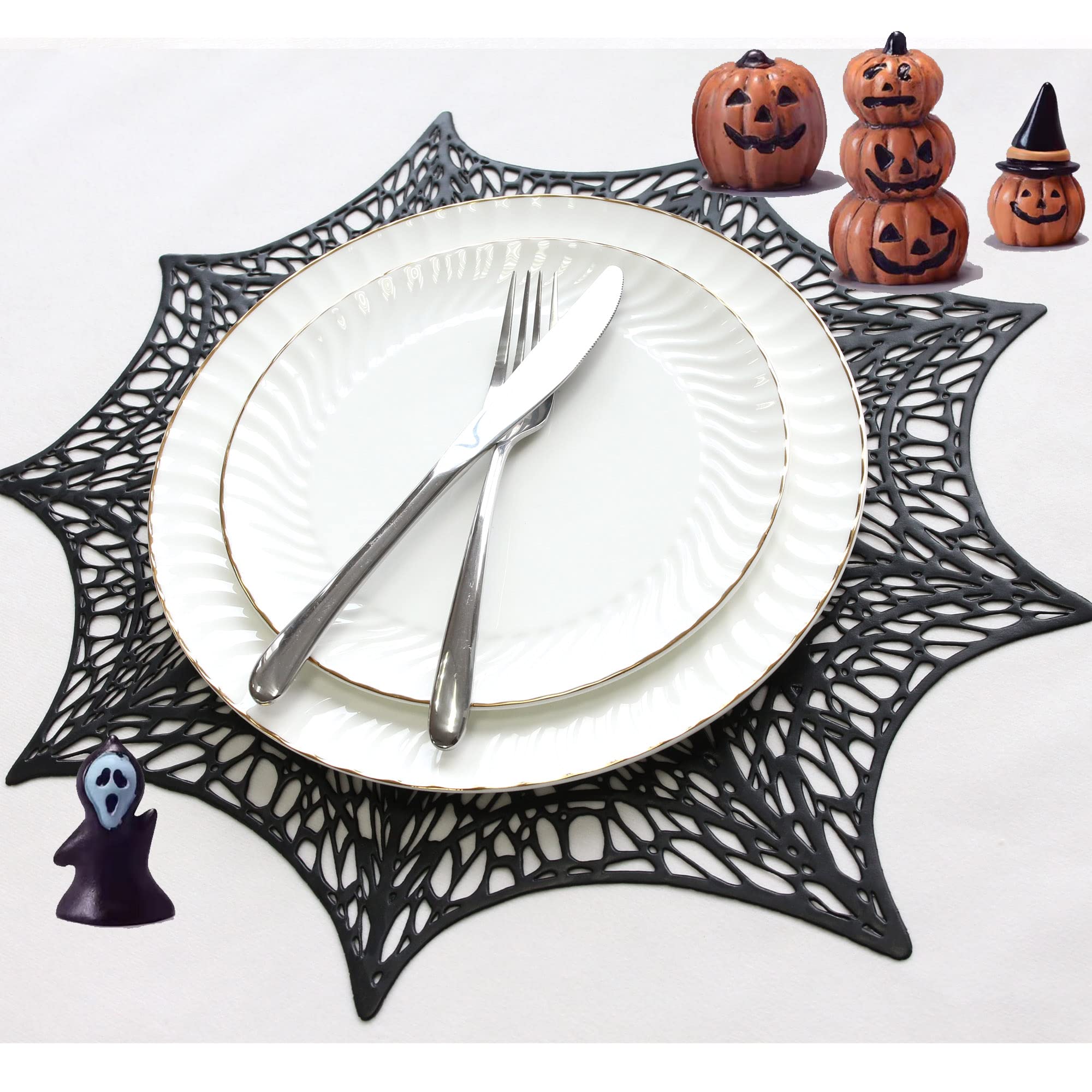 Wintop Group Vinyl Placemat Hollow Out Design, Set of 6, Functional Mat for Dining Table Durable Non-Slip, Halloween Black Spider Web