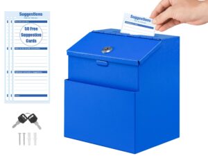 kyodoled suggestion box with lock and 50 free suggestion cards, metal wall mounted ballot box, donation and collection key drop box with slot & 2 keys, 8.5h x 5.9w x 7.3l inch, blue