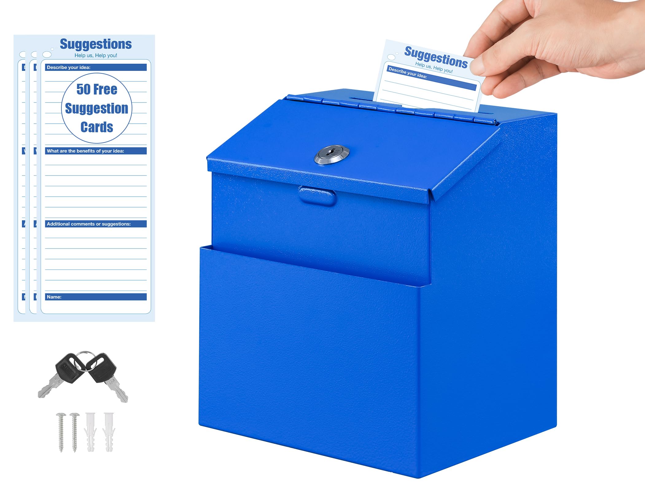 KYODOLED Suggestion Box with Lock and 50 Free Suggestion Cards, Metal Wall Mounted Ballot Box, Donation and Collection Key Drop Box with Slot & 2 Keys, 8.5H x 5.9W x 7.3L Inch, Blue