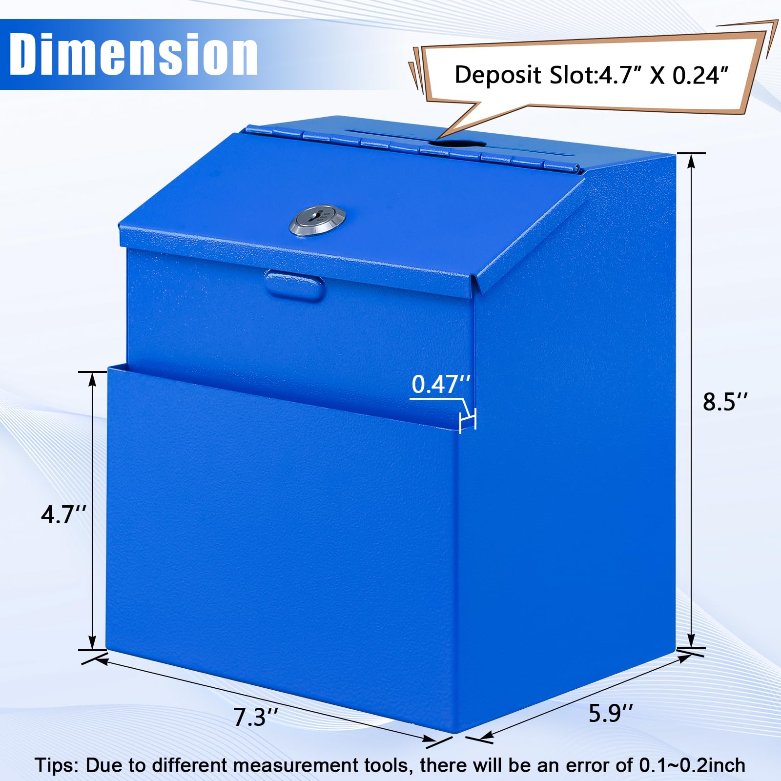 KYODOLED Suggestion Box with Lock and 50 Free Suggestion Cards, Metal Wall Mounted Ballot Box, Donation and Collection Key Drop Box with Slot & 2 Keys, 8.5H x 5.9W x 7.3L Inch, Blue