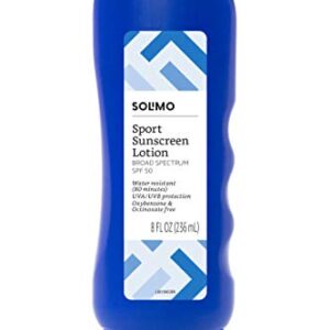 Amazon Brand - Solimo Sport Sunscreen Lotion, SPF 50, Formulated without Octinoxate & Oxybenzone, Broad Spectrum UVA/UVB Protection, Unscented, 8 fl oz (Pack of 1)