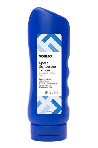 Amazon Brand - Solimo Sport Sunscreen Lotion, SPF 50, Formulated without Octinoxate & Oxybenzone, Broad Spectrum UVA/UVB Protection, Unscented, 8 fl oz (Pack of 1)