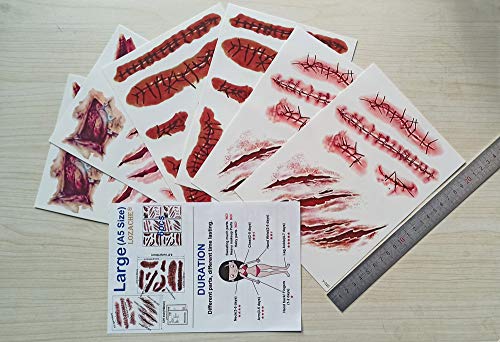 Large Size Halloween Temporary Tattoos Fake Wound Bloody Stitch Scars Scab Waterproof Temp Tattoo Stickers Body Art Decoration for Adults Kids Makeup Cosplay Costume Party(6 Sheets)