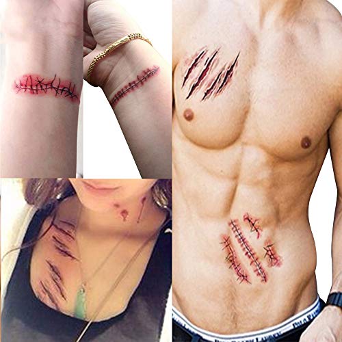 Large Size Halloween Temporary Tattoos Fake Wound Bloody Stitch Scars Scab Waterproof Temp Tattoo Stickers Body Art Decoration for Adults Kids Makeup Cosplay Costume Party(6 Sheets)