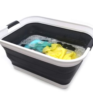 SAMMART 42L(11 gallon) Set of 2 Collapsible Plastic Laundry Basket-Foldable Pop Up Storage Container-Portable Washing Tub-Space Saving,Water capacity 34L(9 gallon) (2 rectangular - strengthen, black)
