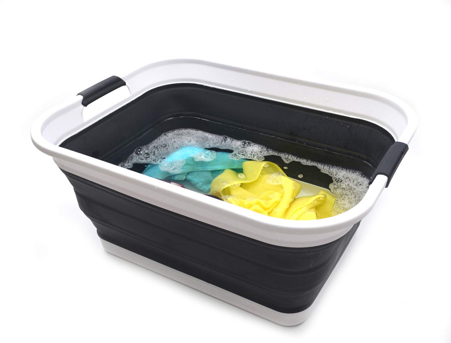 SAMMART 42L(11 gallon) Set of 2 Collapsible Plastic Laundry Basket-Foldable Pop Up Storage Container-Portable Washing Tub-Space Saving,Water capacity 34L(9 gallon) (2 rectangular - strengthen, black)