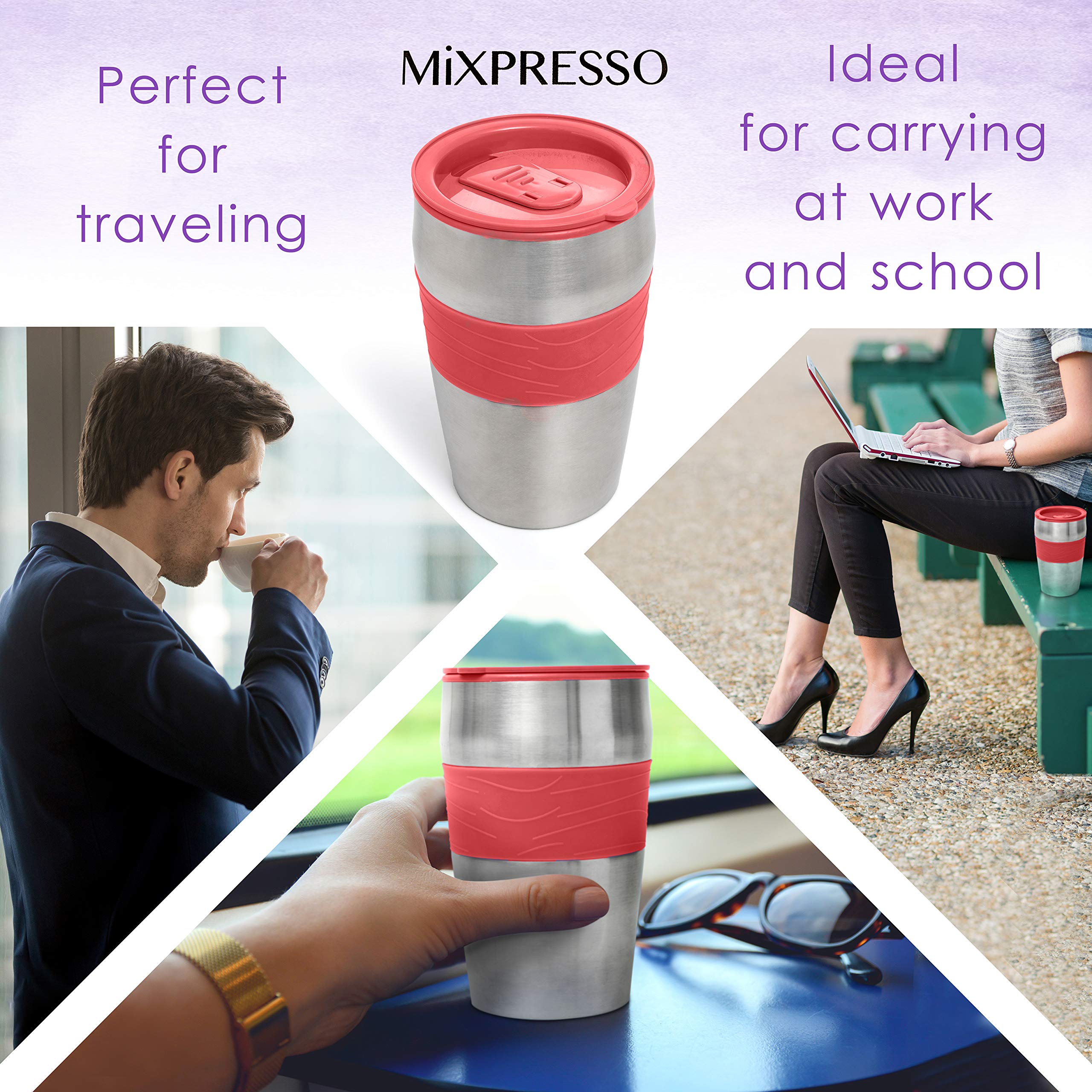 Mixpresso Personal Single-Serve Coffee Maker & 14oz Travel Mug, Drip Small Coffee Maker & Tumbler, Auto Shut Off & Reusable Filter, Red Coffee Maker Compatible with Coffee Grounds