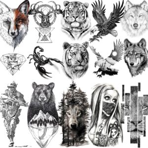 vantaty 10 sheets realistic tiger temporary tattoos animals for men body armband soldier fake tatoo stickers for women scorpion wolf deer elk eagle bear dot adults forearm tattoos girls kids teens.