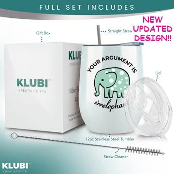 KLUBI Elephant Gifts Your Argument is Irrelephant - White Glitter Tumbler/Mug for Wine, Coffee and All Drinks - Funny Gifts for Her, Him, Lovers, Women, Stuff, Decor