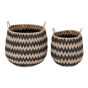 household essentials brown set of 2 round woven wicker storage baskets with handles | black stich pattern