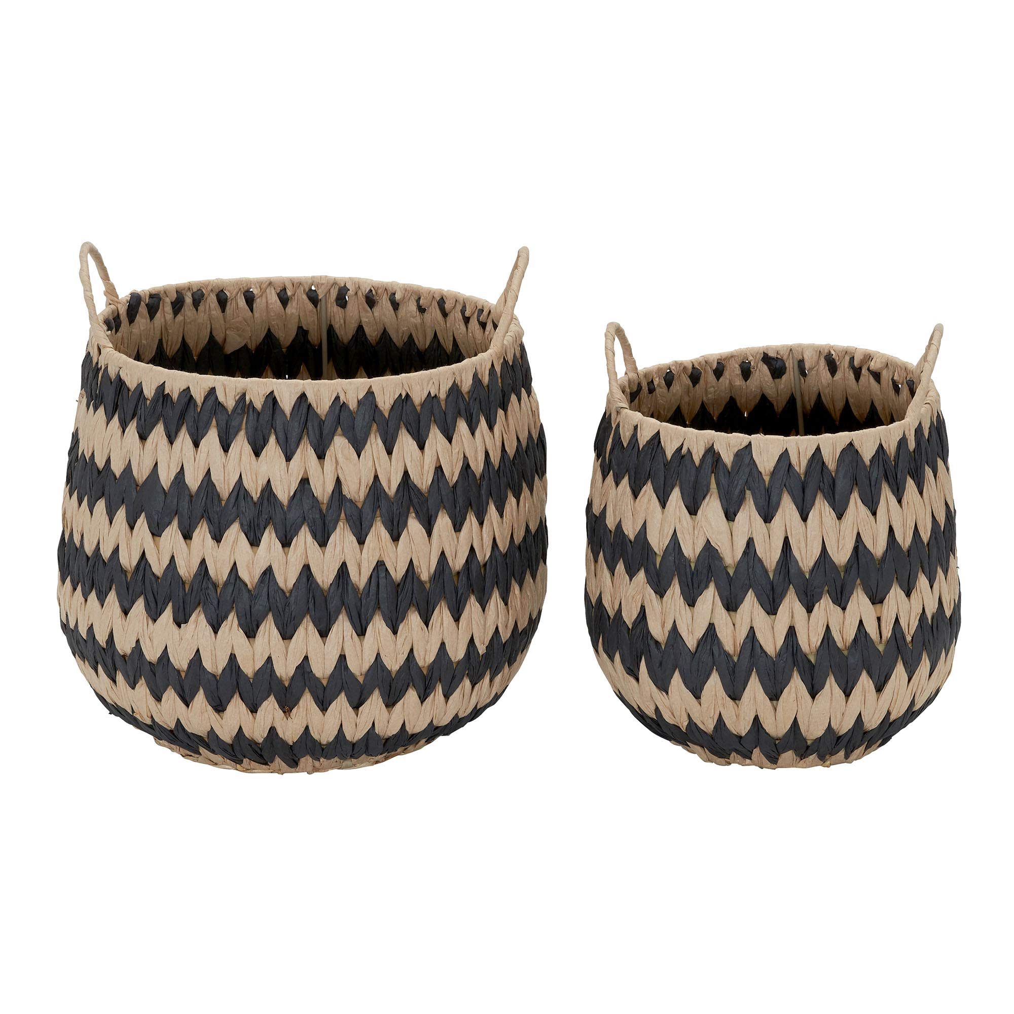 Household Essentials Brown Set of 2 Round Woven Wicker Storage Baskets with Handles | Black Stich Pattern