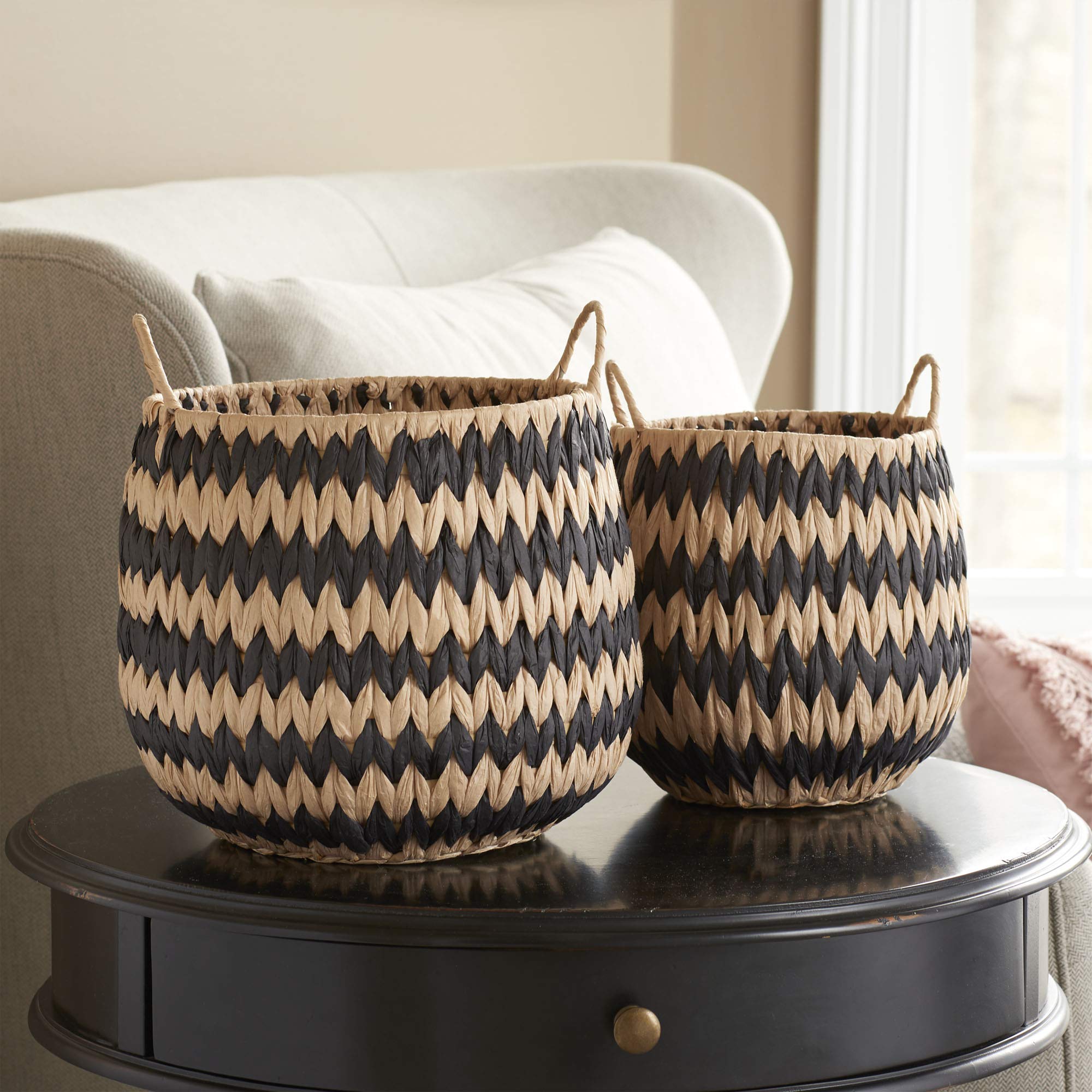 Household Essentials Brown Set of 2 Round Woven Wicker Storage Baskets with Handles | Black Stich Pattern