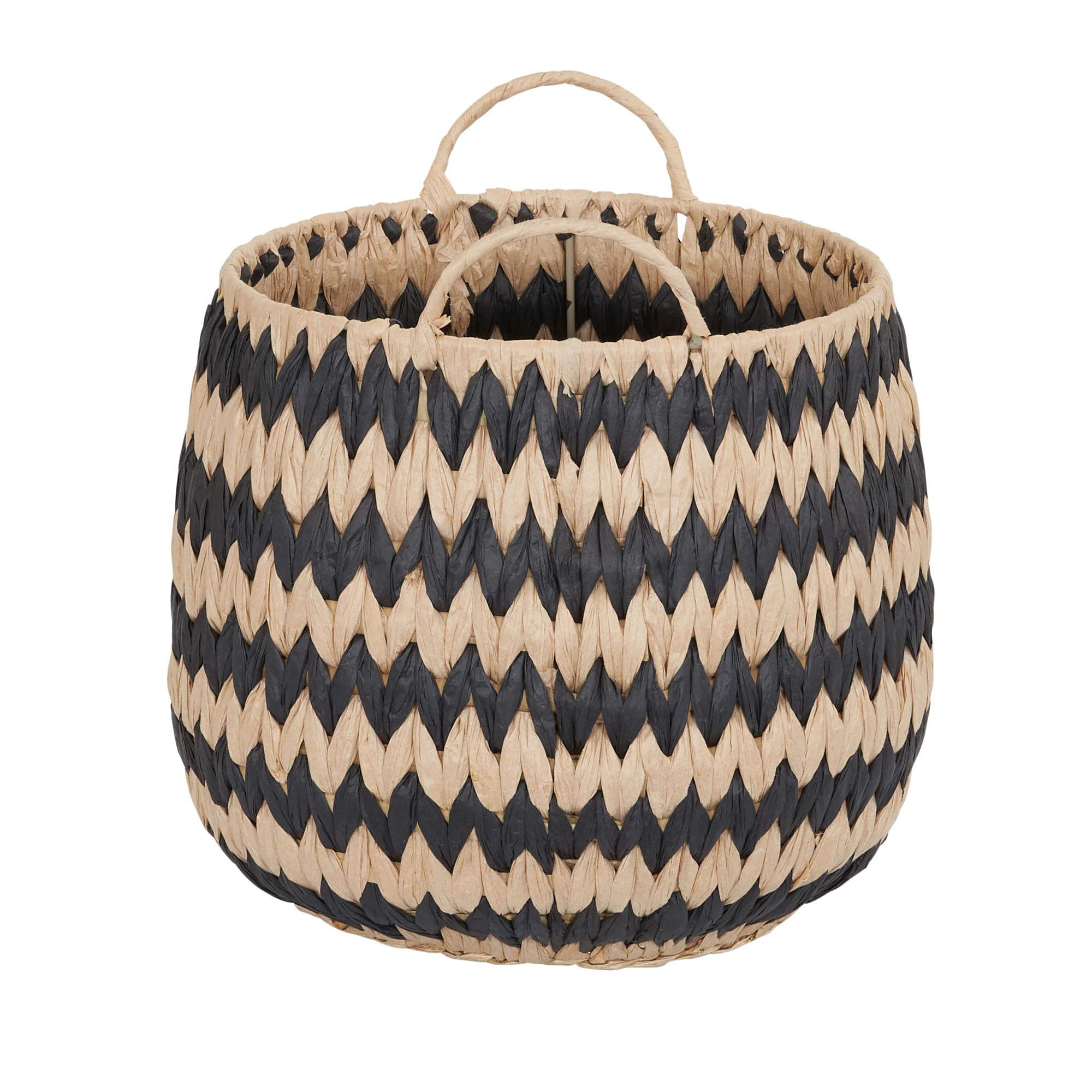 Household Essentials Brown Set of 2 Round Woven Wicker Storage Baskets with Handles | Black Stich Pattern