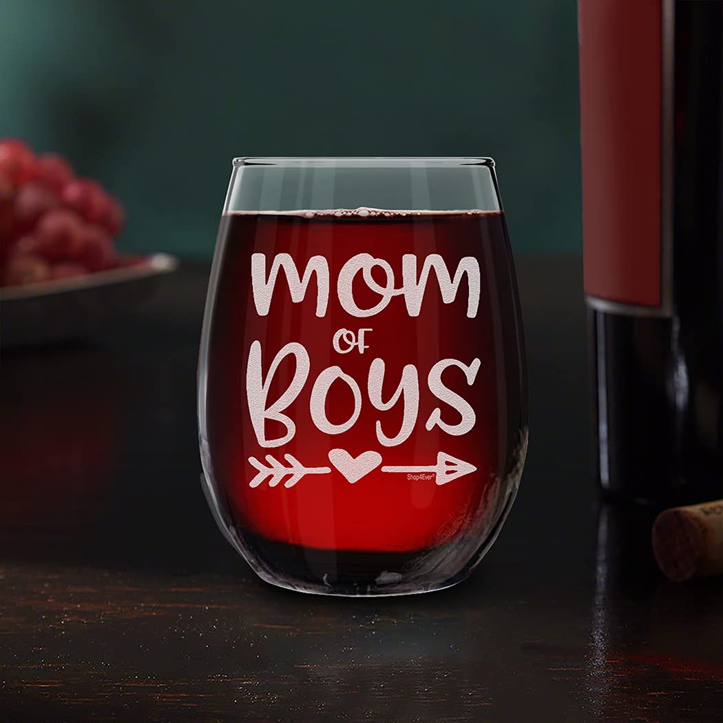 shop4ever Mom Of Boys Laser Engraved Stemless Wine Glass Boy Mom Glass