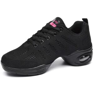 women's jazz shoes lace-up sneakers - breathable air cushion lady split sole athletic walking dance shoes platform black,8