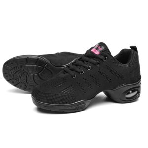 Women's Jazz Shoes Lace-up Sneakers - Breathable Air Cushion Lady Split Sole Athletic Walking Dance Shoes Platform Black,8