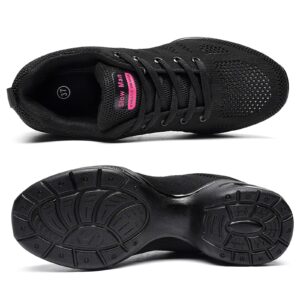 Women's Jazz Shoes Lace-up Sneakers - Breathable Air Cushion Lady Split Sole Athletic Walking Dance Shoes Platform Black,8