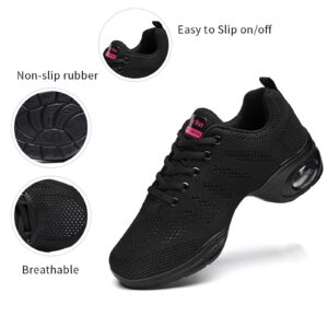 Women's Jazz Shoes Lace-up Sneakers - Breathable Air Cushion Lady Split Sole Athletic Walking Dance Shoes Platform Black,8