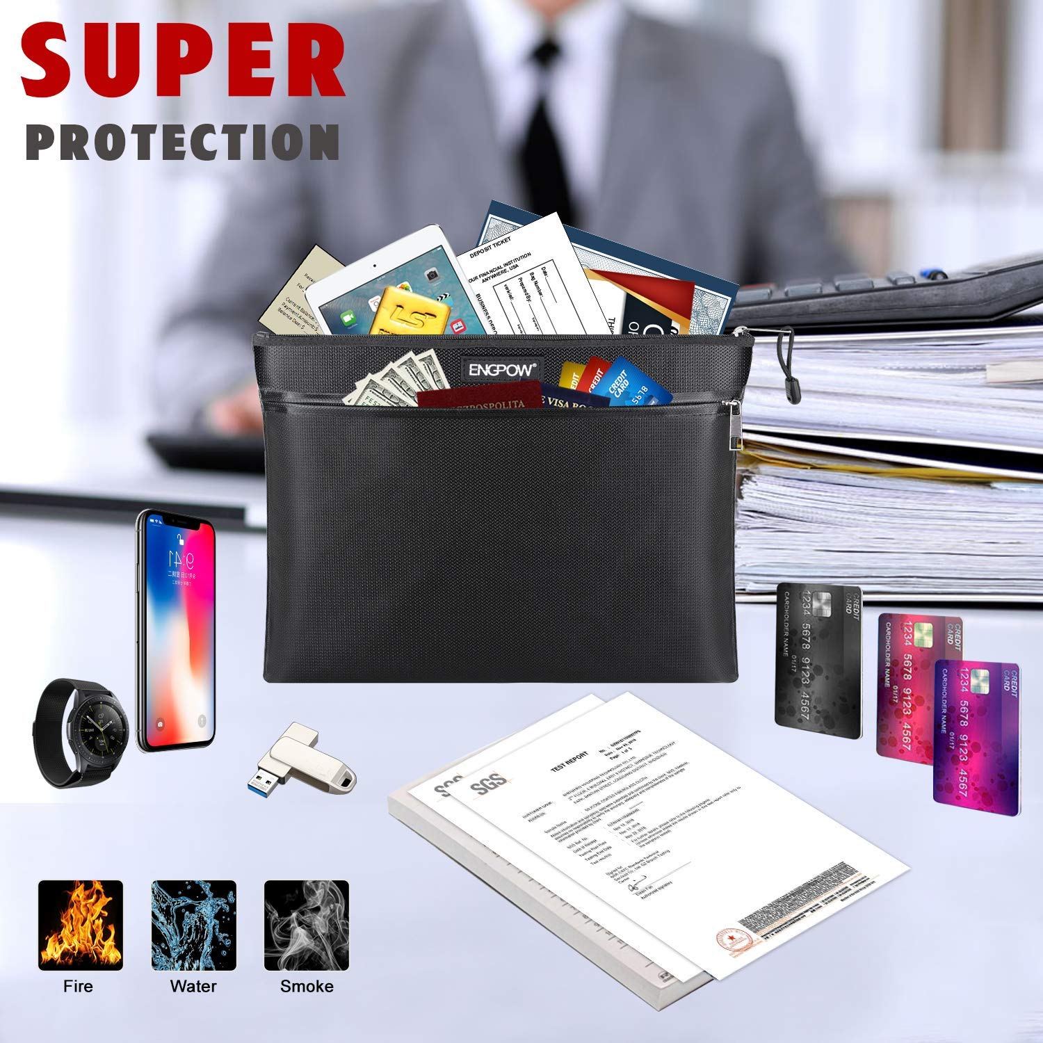 ENGPOW Fireproof Document Bag Two Pockets Two Zippers,Fireproof Safe Bag 13.4"x 10.2" Waterproof and Fireproof Money Bag Money Safe Pouch File Storage for A4 Document Holder,Cash and Tablet