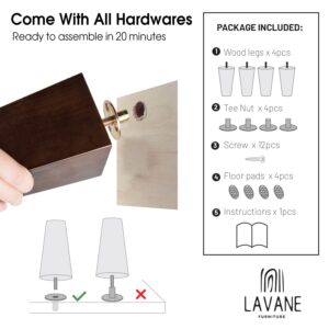 La Vane 6 inch / 15cm Wooden Furniture Legs, Set of 4 Walnut Solid Wood Tapered M8 Furniture Replacement Feet with Pre-Drilled 5/16 Inch Bolt & Mounting Plate & Screws for Sofa Chair Couch Ottoman