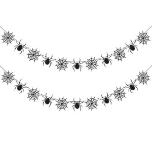 2pcs black glitter spider garland halloween spider banner, hanging spider web banner spiderweb garland for haunted mansion home mantle fireplace halloween party decorations