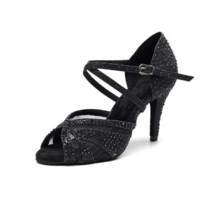 pierides women's suede sole rhinestone ballroom dance shoes latin salsa performance dance shoes 4" heel,10.5 us