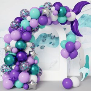 rubfac mermaid balloon garland kit, mermaid tail arch party supplies with purple green confetti balloons for mermaid birthday party decorations