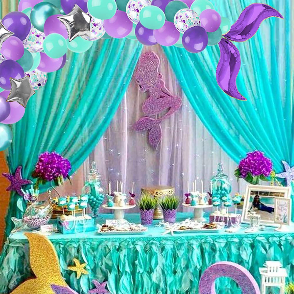 RUBFAC Mermaid Balloon Garland Kit, Mermaid Tail Arch Party Supplies with Purple Green Confetti Balloons for Mermaid Birthday Party Decorations