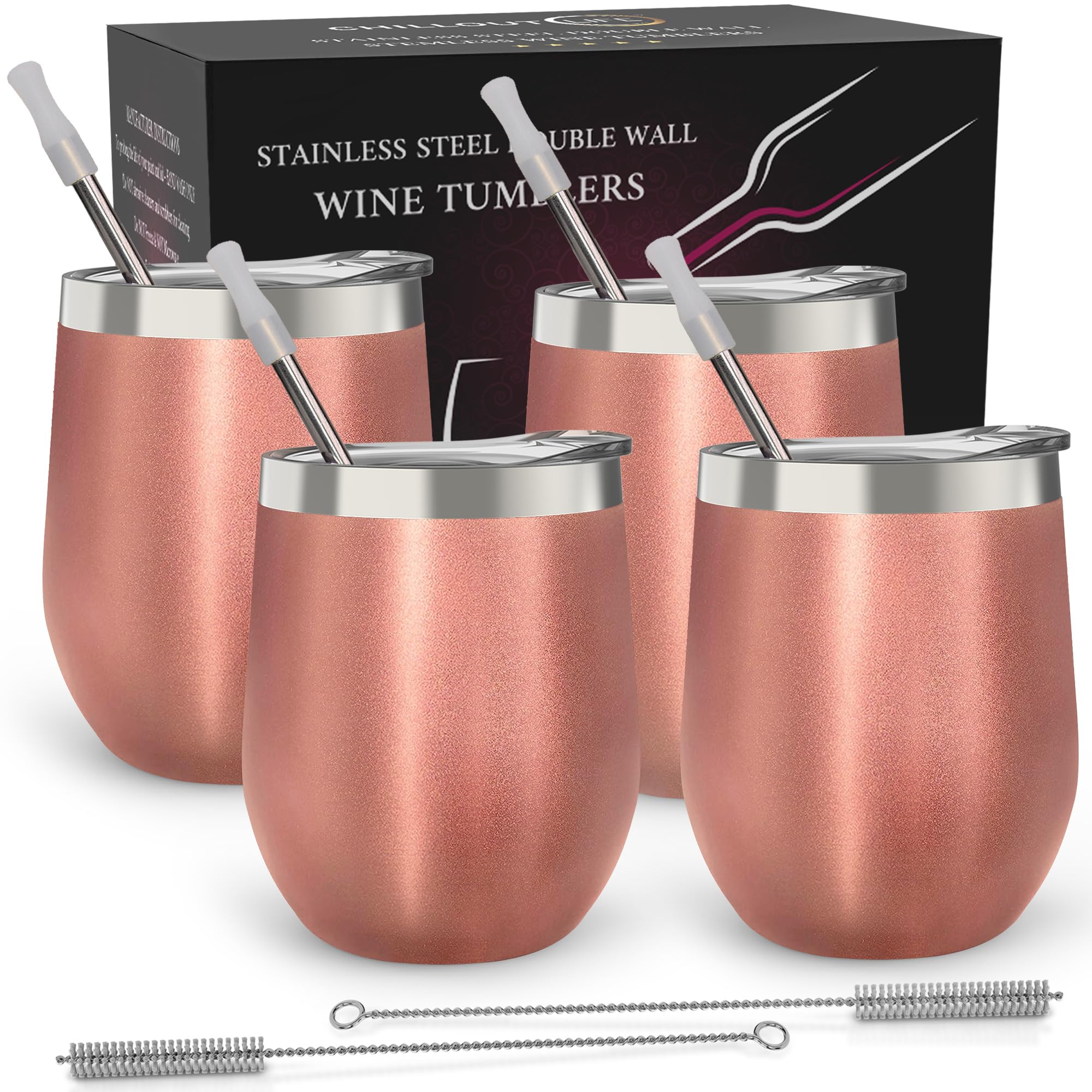 CHILLOUT LIFE Stainless Steel Wine Tumblers 4 Pack 12 oz - Double Wall Vacuum Insulated Wine Cups with Lids and Straws Set for Coffee, Wine, Cocktails - Rose Gold