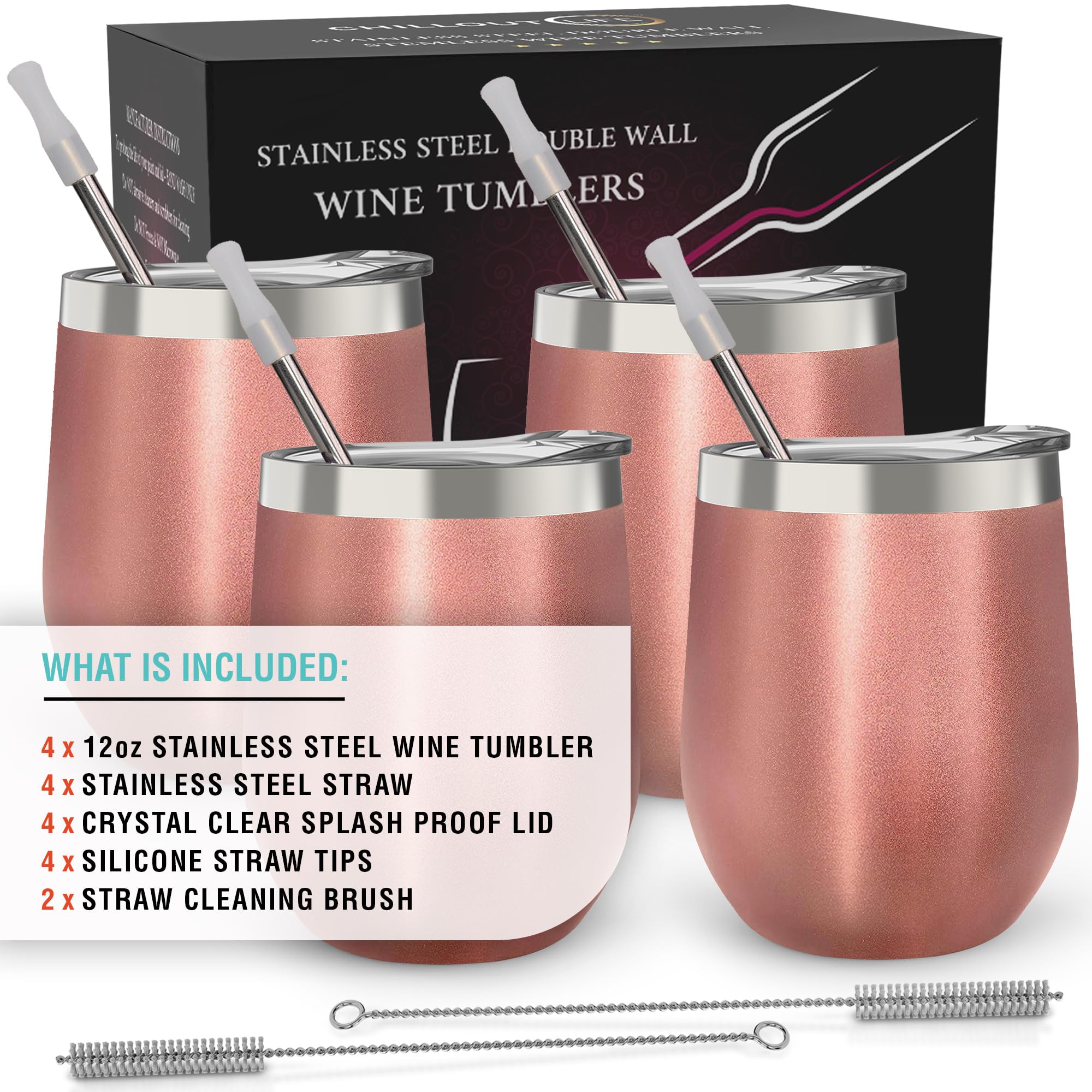 CHILLOUT LIFE Stainless Steel Wine Tumblers 4 Pack 12 oz - Double Wall Vacuum Insulated Wine Cups with Lids and Straws Set for Coffee, Wine, Cocktails - Rose Gold