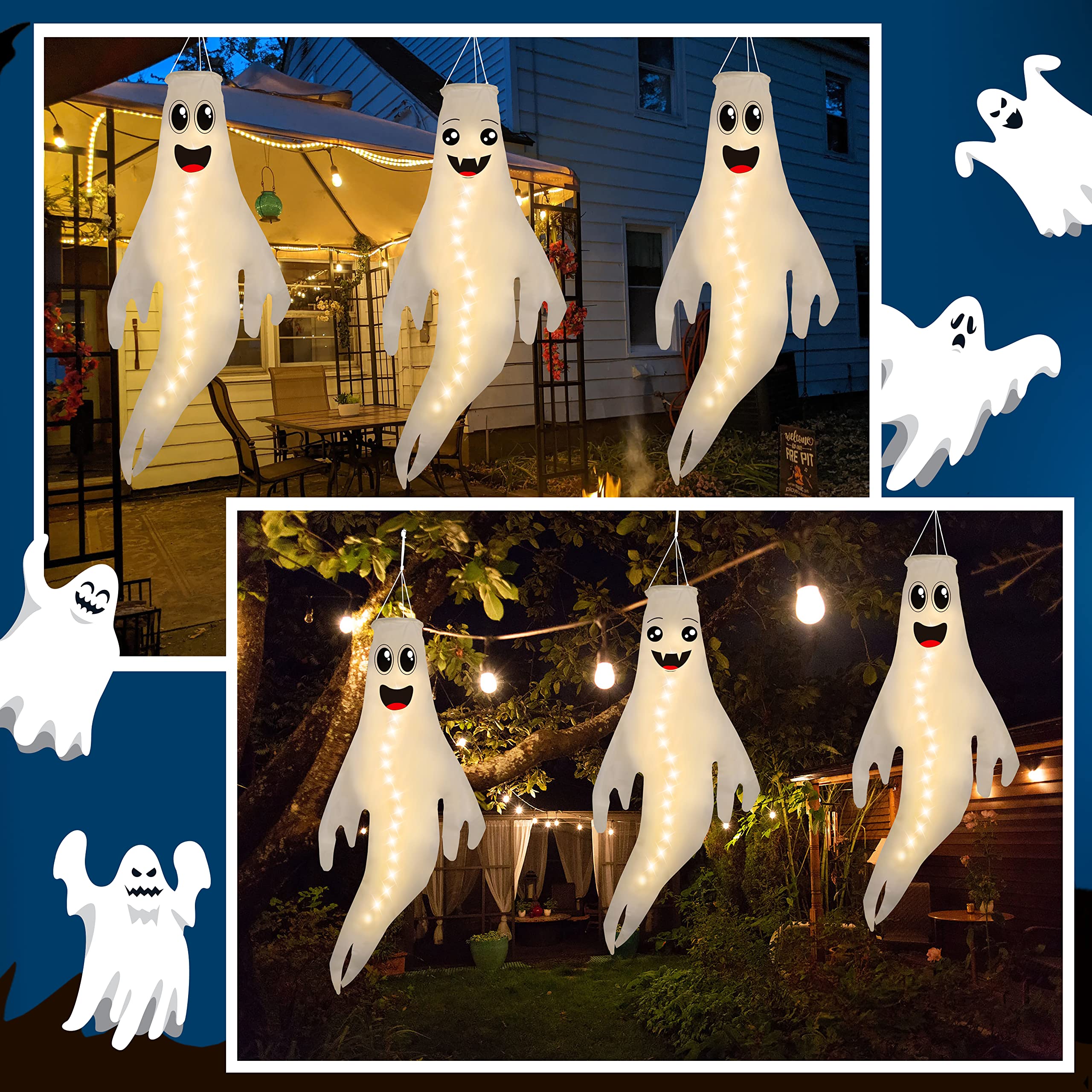 43 Inch Halloween Ghost Windsocks Hanging Decorations - Flag Wind Socks for Home Yard Outdoor Decor Party Supplies (3 Pieces,Batteries Not Included,No Timer)