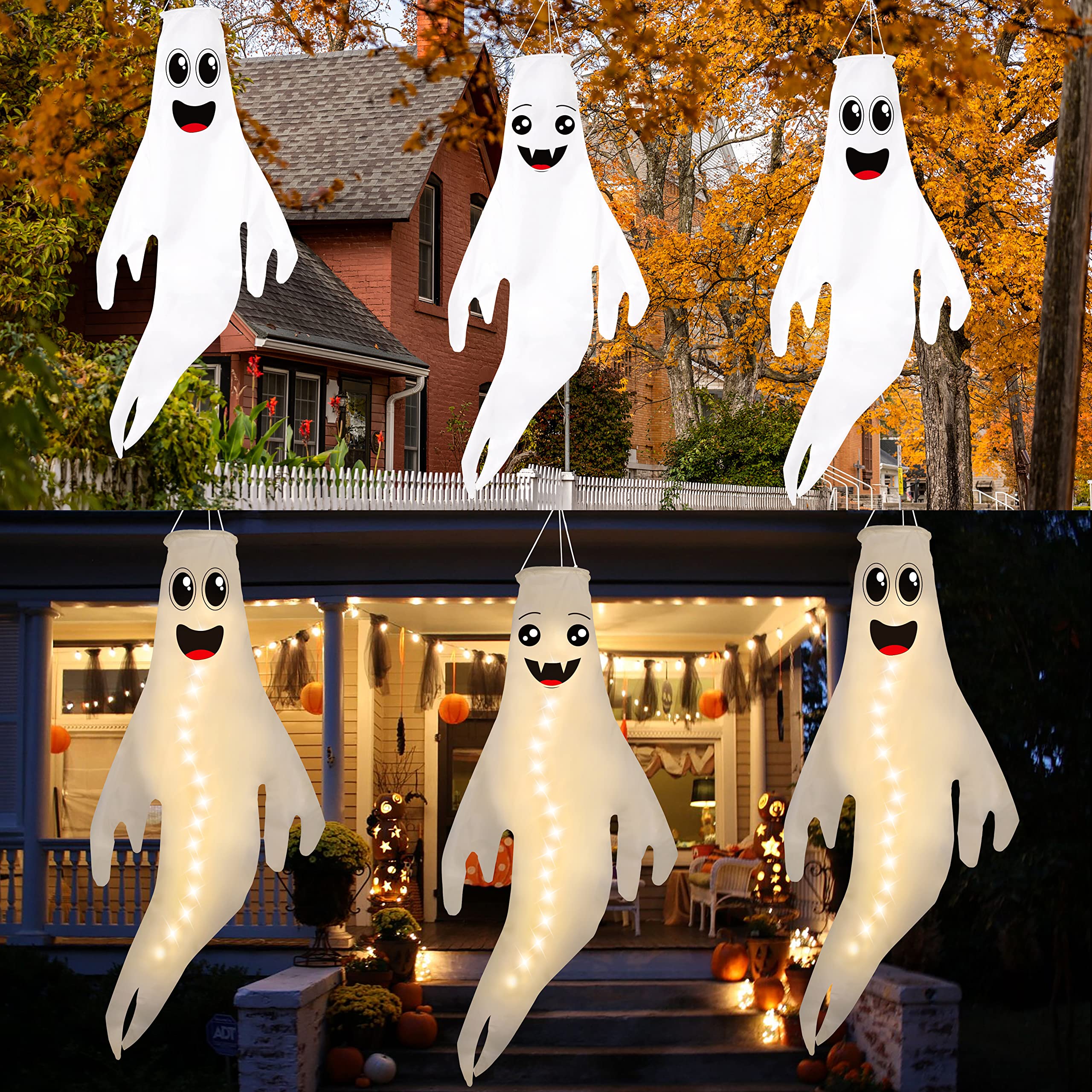 43 Inch Halloween Ghost Windsocks Hanging Decorations - Flag Wind Socks for Home Yard Outdoor Decor Party Supplies (3 Pieces,Batteries Not Included,No Timer)