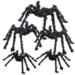 beiguo 5pcs halloween spider gaint hairy spider with red eyes,bendable legs scary halloween spider decorations for patio,yard,garden,house(1pcs 30",2pcs 20",2pcs 12")