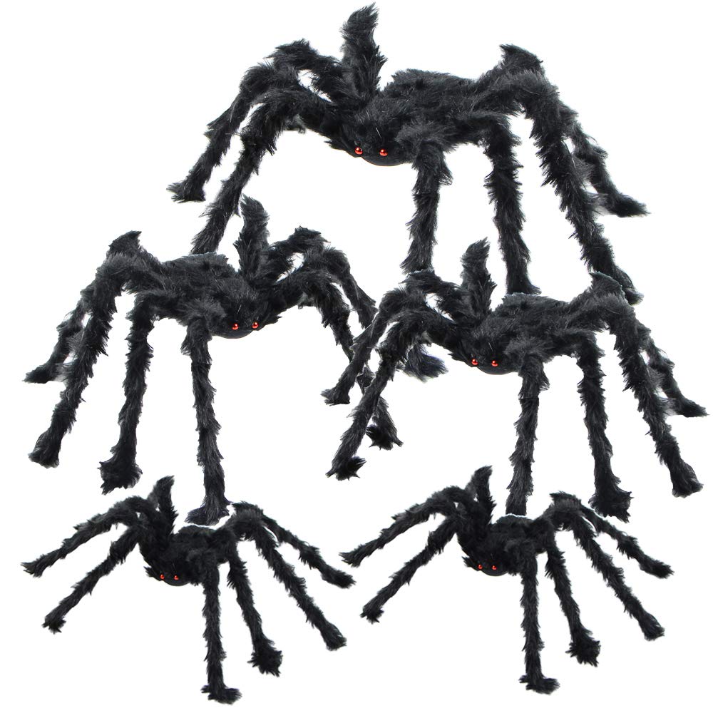 BEIGUO 5pcs Halloween Spider Gaint Hairy Spider with Red Eyes,Bendable Legs Scary Halloween Spider Decorations for Patio,Yard,Garden,House(1pcs 30",2pcs 20",2pcs 12")