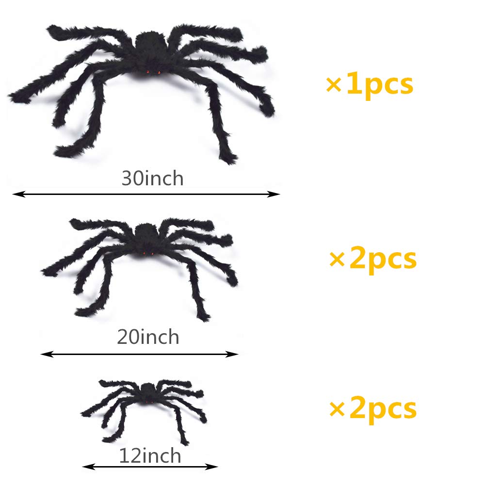 BEIGUO 5pcs Halloween Spider Gaint Hairy Spider with Red Eyes,Bendable Legs Scary Halloween Spider Decorations for Patio,Yard,Garden,House(1pcs 30",2pcs 20",2pcs 12")