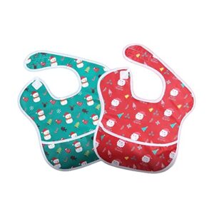 little dimsum feeding baby bibs waterproof drool christmas bib coverall 2 pcs set adjustable closure for babies toddlers with large pocket (6-36 months) christmas（snowman&santa）