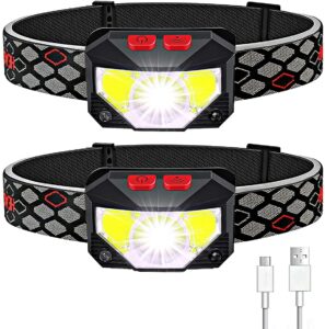 soft digits headlamp rechargeable, 2-pack led headlight 1100 lumens usb head lamp flashlight, 8 modes head light, waterproof headlamps with motion sensor for outdoors camping fishing (2 pack)