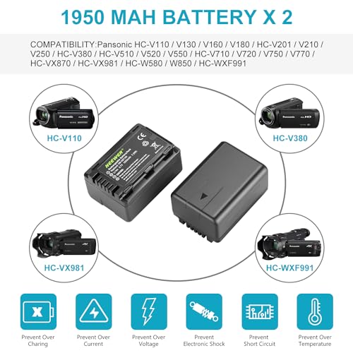 Neewer VW-VBT190 Battery (2-Pack/1950mAh) and Dual USB Charger Kit Compatible with Panasonic HC-V110 V130 V160 V180 HC-V201 V210 V250 HC-V380 HC-V510 V520 V550 HC-V710 V720 V750 V770 HC-VX870