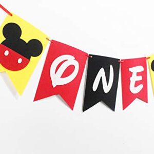 Hongkai Mouse Inspired 1st Birthday Banner Decorations, Handmade ONE Banner, Highchair Banner Red Black Yellow Party Decoration baby First Birthday Decorations Supplies