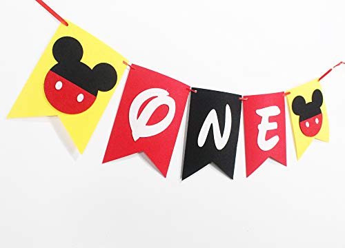 Hongkai Mouse Inspired 1st Birthday Banner Decorations, Handmade ONE Banner, Highchair Banner Red Black Yellow Party Decoration baby First Birthday Decorations Supplies