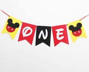 hongkai mouse inspired 1st birthday banner decorations, handmade one banner, highchair banner red black yellow party decoration baby first birthday decorations supplies