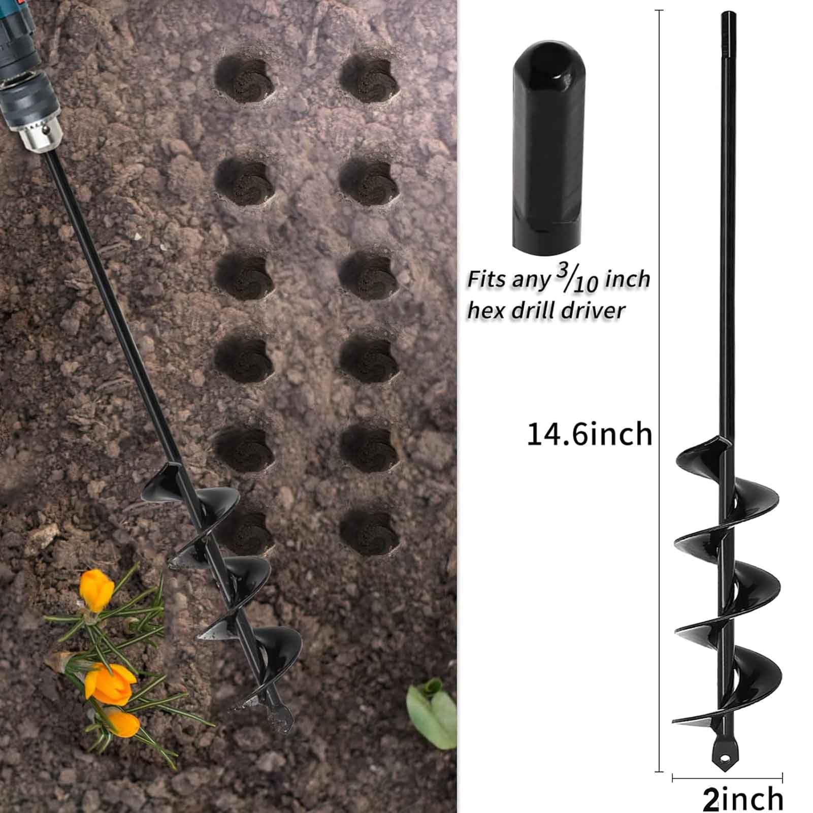 TCBWFY Auger Drill Bit 2x14.6inch Garden Plant Flower Bulb Auger Rapid Planter Bulb & Bedding Plant Auger for 3/8"Hex Drive Drill Earth Auger Drill Fence Post Umbrella Hole Digger