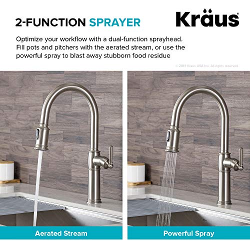 KRAUS Sellette Traditional Spot Free Stainless Steel Single Handle Pull-Down Kitchen Faucet with Deck Plate, KPF-1682SFS