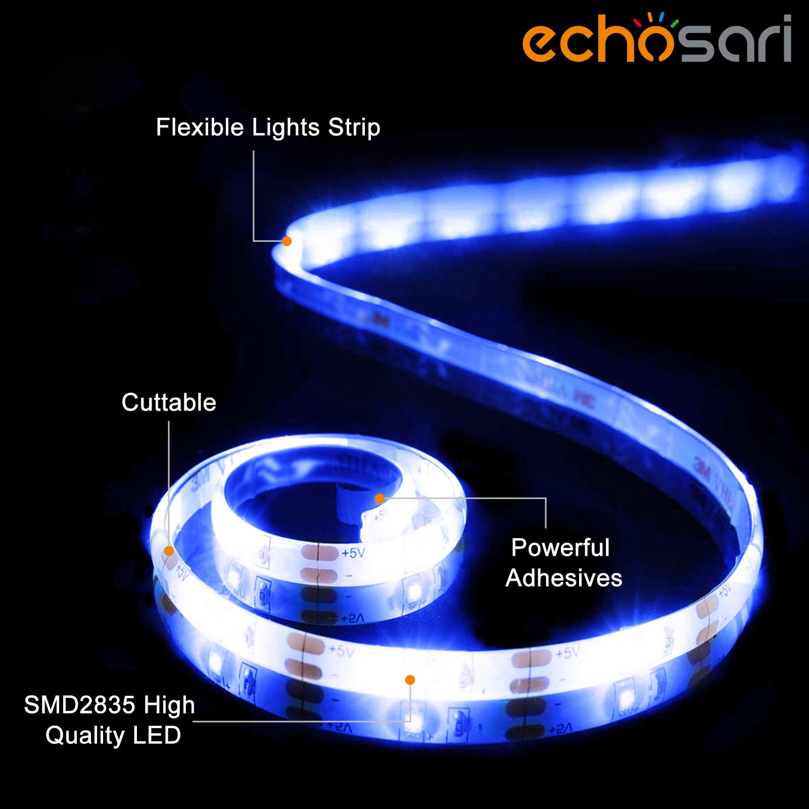 echosari Blue Led Strip Lights Waterproof Battery Operated with Remote, 8 Modes, Dimmable, Timer, Self-Adhesive, Cuttable, 3M 90Led Battery Strip Led Light for Indoor Outdoor Decor