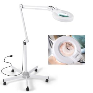 magnifying floor lamp with 5 wheels rolling base for estheticians - 1,500 lumens led dimmable light with magnifying glass, 8-diopter lighted magnifier for reading, crafts, sewing, close work(5x)
