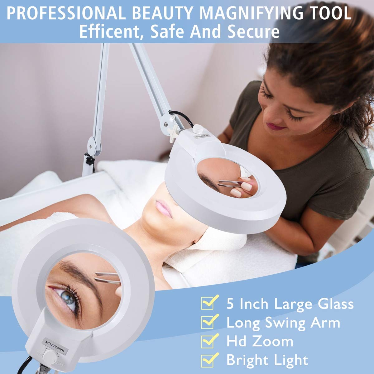 Magnifying Floor lamp with 5 Wheels Rolling Base for Estheticians - 1,500 Lumens LED Dimmable Light with Magnifying Glass, 8-Diopter Lighted Magnifier for Reading, Crafts, Sewing, Close Work(5X)